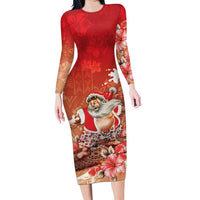 Hawaii Funny Christmas Long Sleeve Bodycon Dress Santa Surfing With Tapa Pattern LT05 Long Dress Red - Polynesian Pride