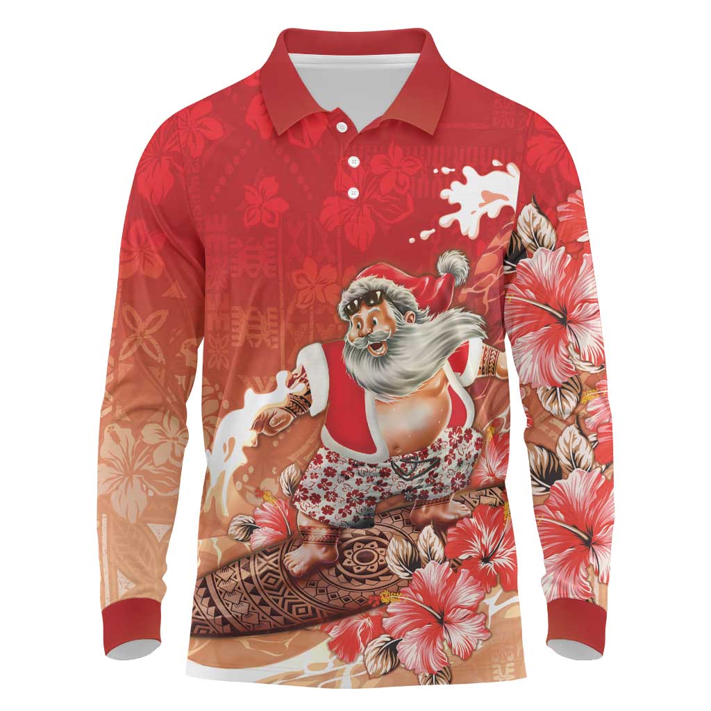 Hawaii Funny Christmas Long Sleeve Polo Shirt Santa Surfing With Tapa Pattern LT05 Red - Polynesian Pride