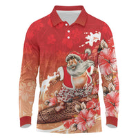 Hawaii Funny Christmas Long Sleeve Polo Shirt Santa Surfing With Tapa Pattern LT05 Red - Polynesian Pride
