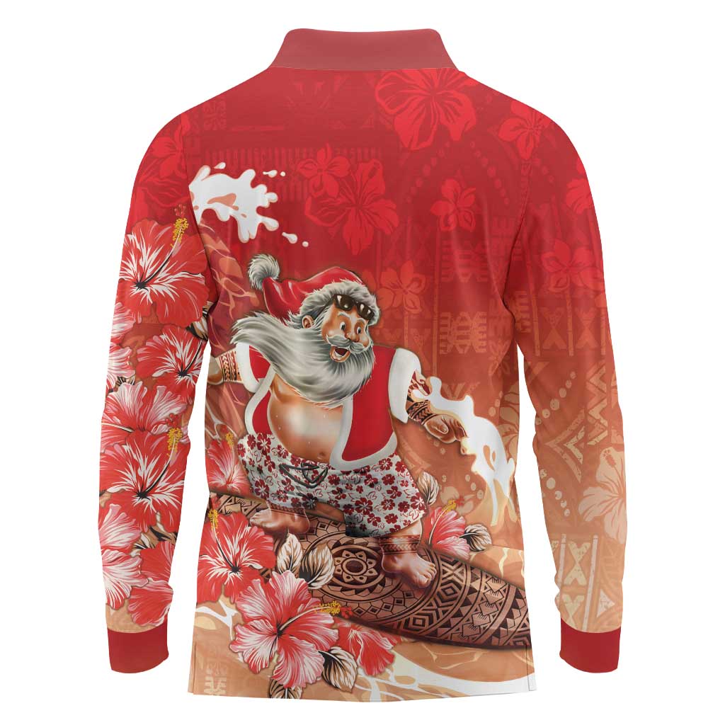 Hawaii Funny Christmas Long Sleeve Polo Shirt Santa Surfing With Tapa Pattern LT05 - Polynesian Pride