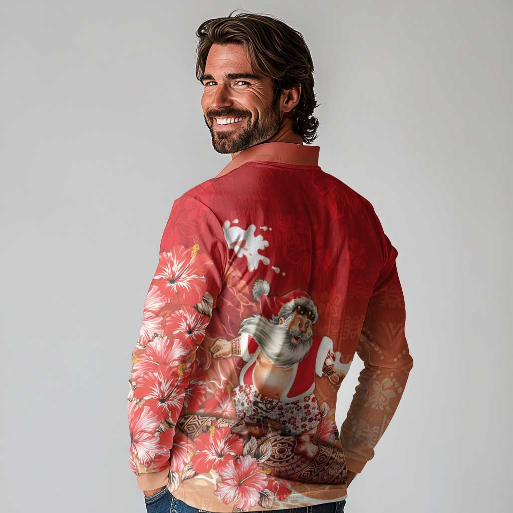 Hawaii Funny Christmas Long Sleeve Polo Shirt Santa Surfing With Tapa Pattern LT05 - Polynesian Pride