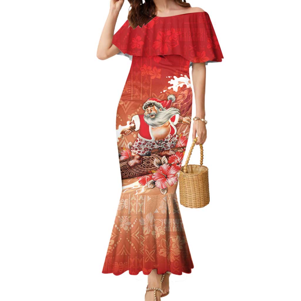 Hawaii Funny Christmas Mermaid Dress Santa Surfing With Tapa Pattern LT05 Women Red - Polynesian Pride