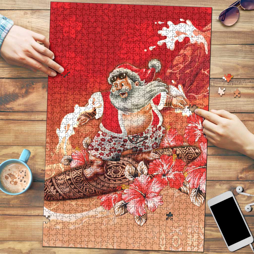 Hawaii Funny Christmas Puzzle Santa Surfing With Tapa Pattern LT05 Red - Polynesian Pride