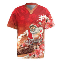 Hawaii Funny Christmas Rugby Jersey Santa Surfing With Tapa Pattern LT05 Red - Polynesian Pride