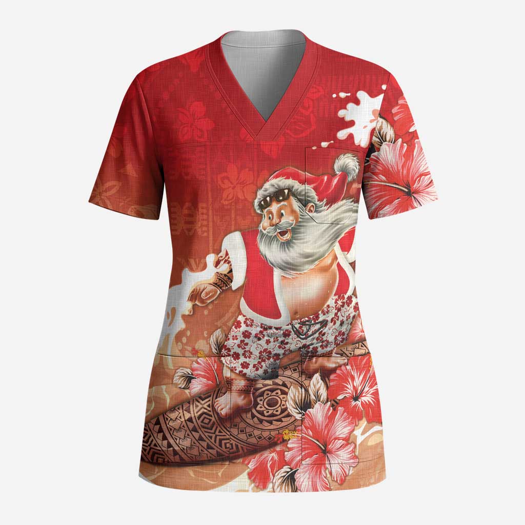 Hawaii Funny Christmas Scrub Top Santa Surfing With Tapa Pattern LT05 Adult Red - Polynesian Pride