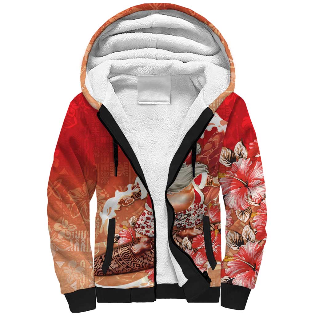 Hawaii Funny Christmas Sherpa Hoodie Santa Surfing With Tapa Pattern LT05 Unisex Red - Polynesian Pride