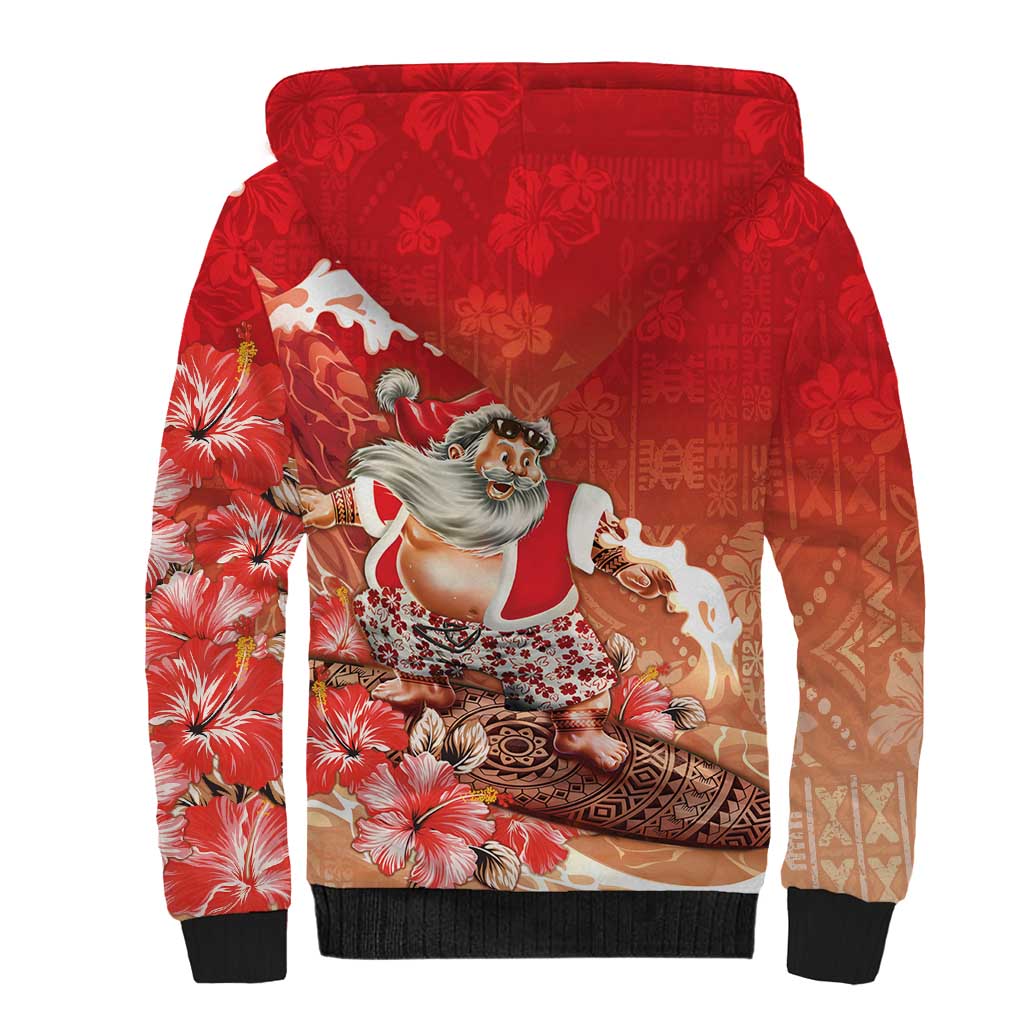 Hawaii Funny Christmas Sherpa Hoodie Santa Surfing With Tapa Pattern LT05 - Polynesian Pride
