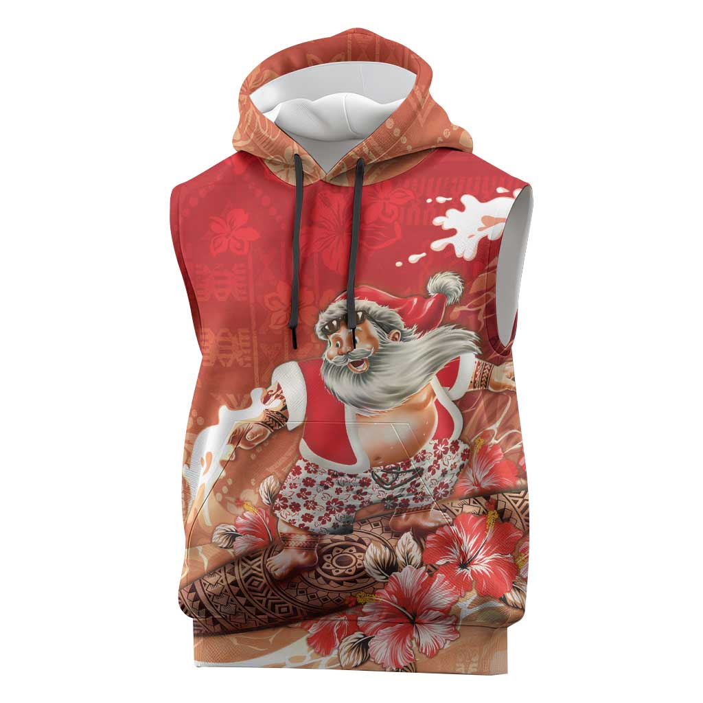 Hawaii Funny Christmas Sleeveless Hoodie Santa Surfing With Tapa Pattern LT05 Red - Polynesian Pride