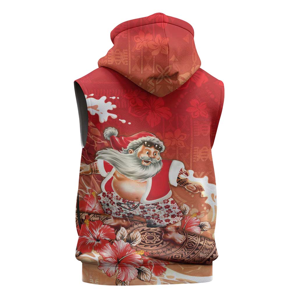 Hawaii Funny Christmas Sleeveless Hoodie Santa Surfing With Tapa Pattern LT05 - Polynesian Pride