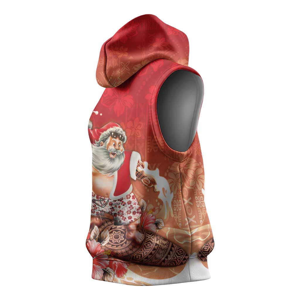 Hawaii Funny Christmas Sleeveless Hoodie Santa Surfing With Tapa Pattern LT05 - Polynesian Pride