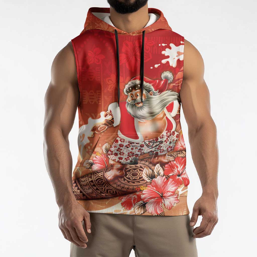 Hawaii Funny Christmas Sleeveless Hoodie Santa Surfing With Tapa Pattern LT05 - Polynesian Pride