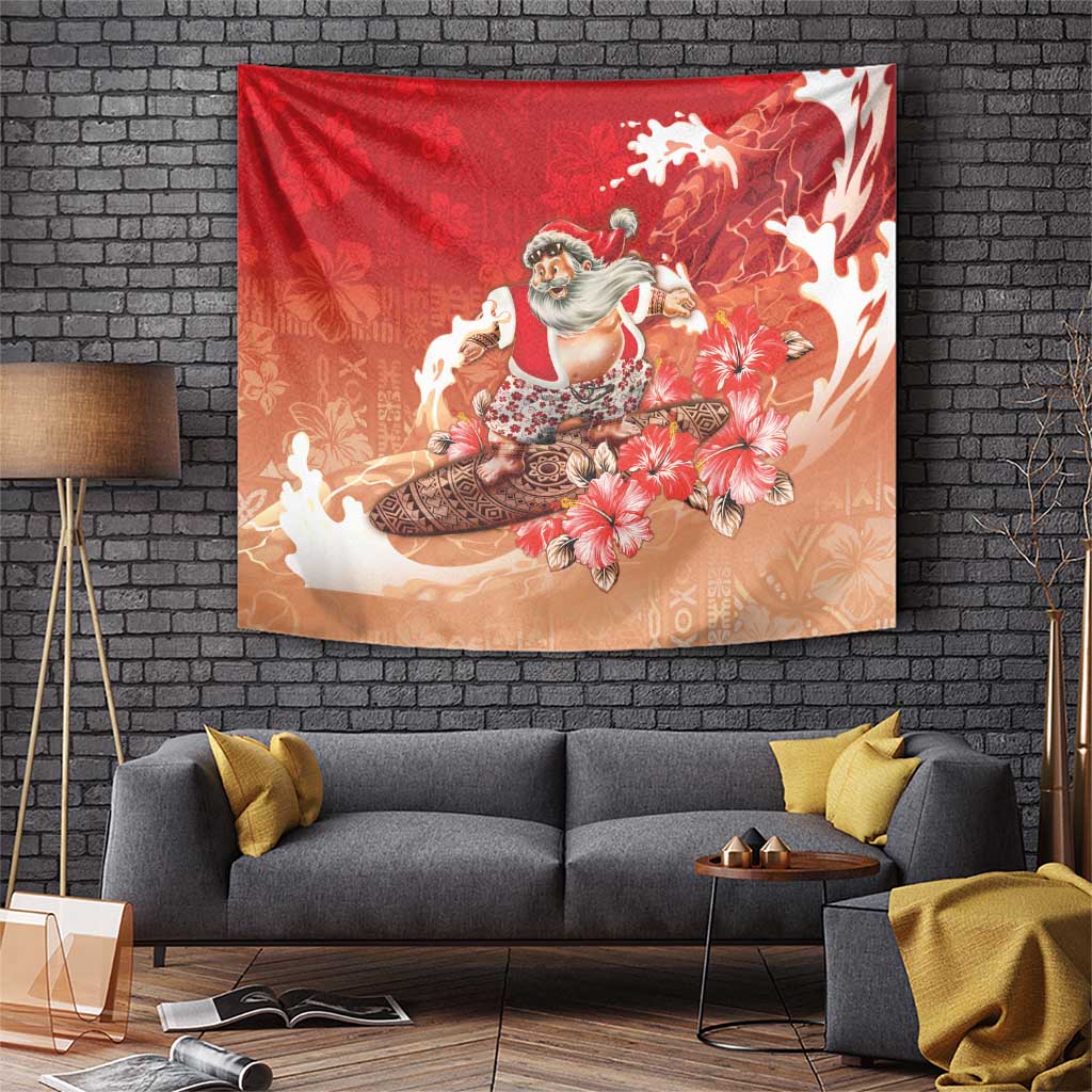 Hawaii Funny Christmas Tapestry Santa Surfing With Tapa Pattern LT05 Red - Polynesian Pride