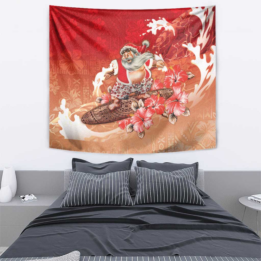 Hawaii Funny Christmas Tapestry Santa Surfing With Tapa Pattern LT05 - Polynesian Pride