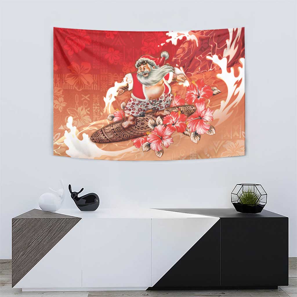 Hawaii Funny Christmas Tapestry Santa Surfing With Tapa Pattern LT05 - Polynesian Pride