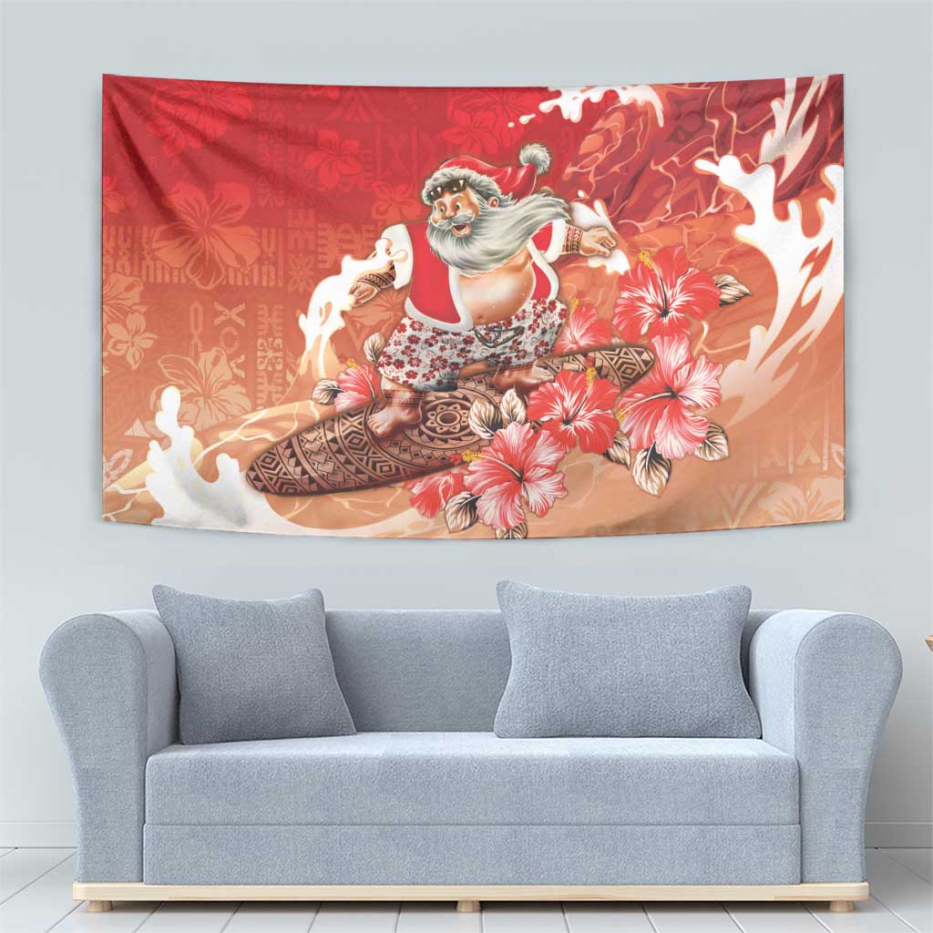 Hawaii Funny Christmas Tapestry Santa Surfing With Tapa Pattern LT05 - Polynesian Pride