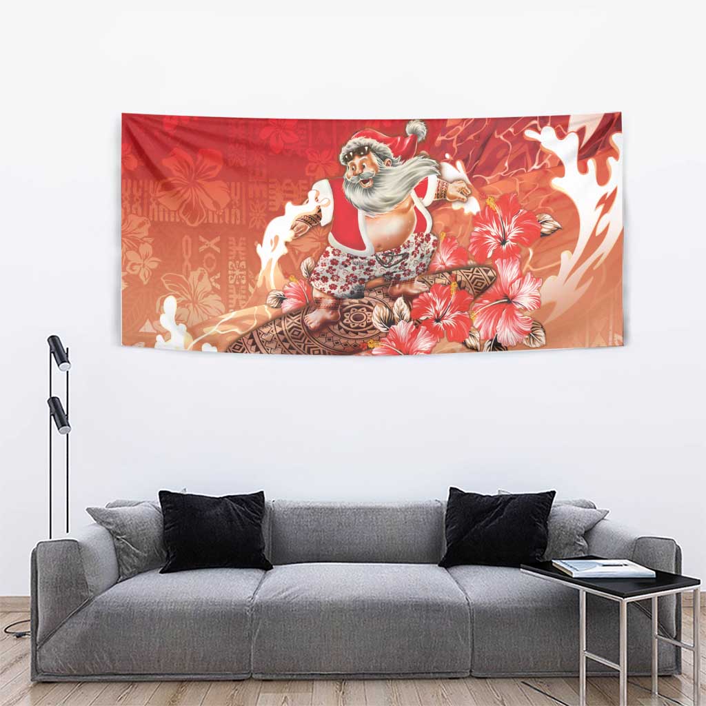 Hawaii Funny Christmas Tapestry Santa Surfing With Tapa Pattern LT05 - Polynesian Pride