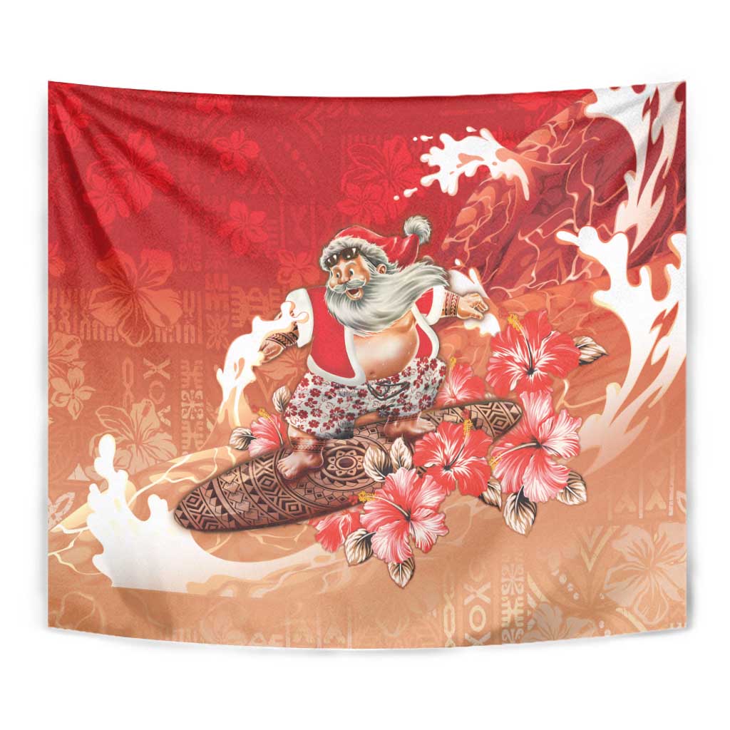 Hawaii Funny Christmas Tapestry Santa Surfing With Tapa Pattern LT05 - Polynesian Pride
