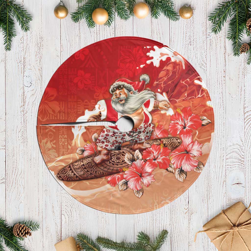 Hawaii Funny Christmas Tree Skirt Santa Surfing With Tapa Pattern LT05 Casual Red - Polynesian Pride