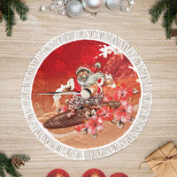 Hawaii Funny Christmas Tree Skirt Santa Surfing With Tapa Pattern LT05 Fringed Red - Polynesian Pride