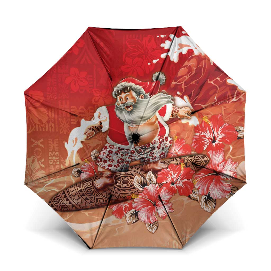 Hawaii Funny Christmas Umbrella Santa Surfing With Tapa Pattern LT05 One Size Folded 11.42 inch Opened Diameter 37.4 inch Red - Polynesian Pride