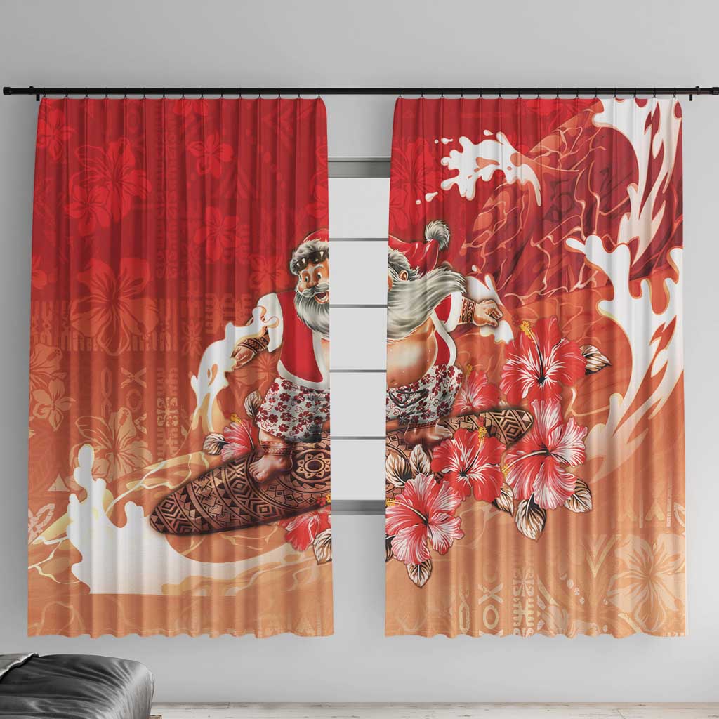 Hawaii Funny Christmas Window Curtain Santa Surfing With Tapa Pattern LT05 With Hooks Red - Polynesian Pride