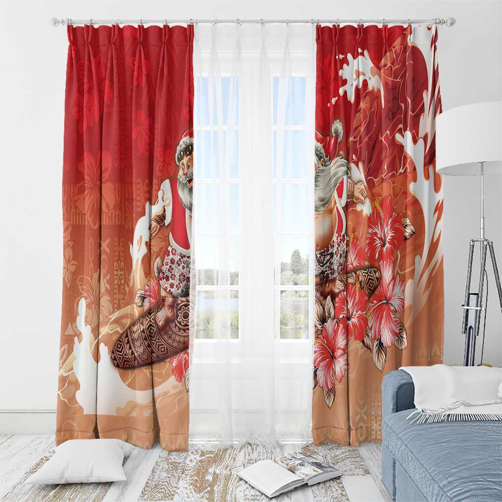Hawaii Funny Christmas Window Curtain Santa Surfing With Tapa Pattern LT05 - Polynesian Pride