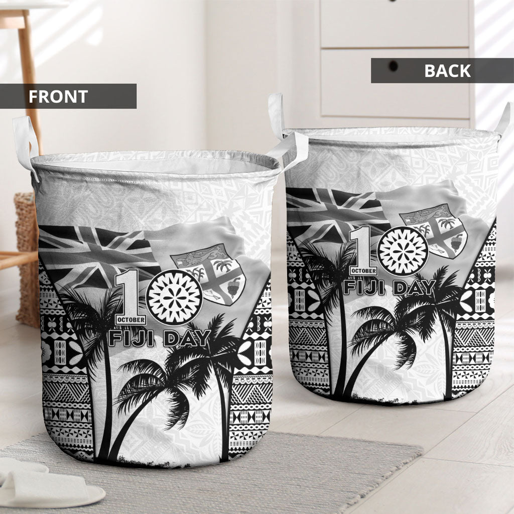 Fiji Day 2026 Laundry Basket Masi Tapa Pattern With Palm Tree White Version LT05 - Polynesian Pride