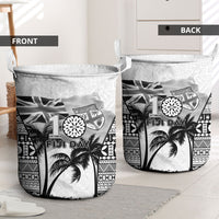 Fiji Day 2026 Laundry Basket Masi Tapa Pattern With Palm Tree White Version LT05 - Polynesian Pride