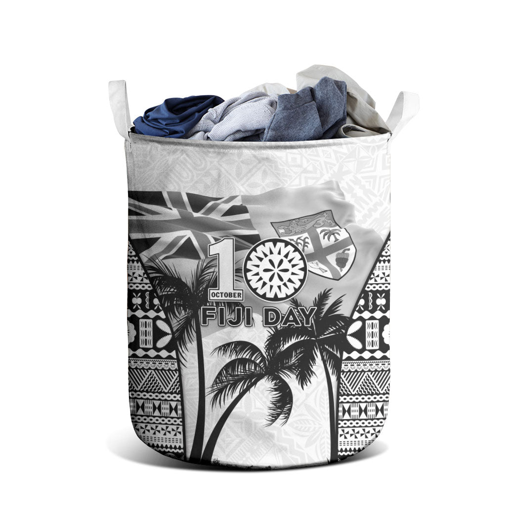 Fiji Day 2026 Laundry Basket Masi Tapa Pattern With Palm Tree White Version LT05 - Polynesian Pride