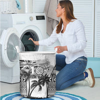 Fiji Day 2026 Laundry Basket Masi Tapa Pattern With Palm Tree White Version LT05 - Polynesian Pride