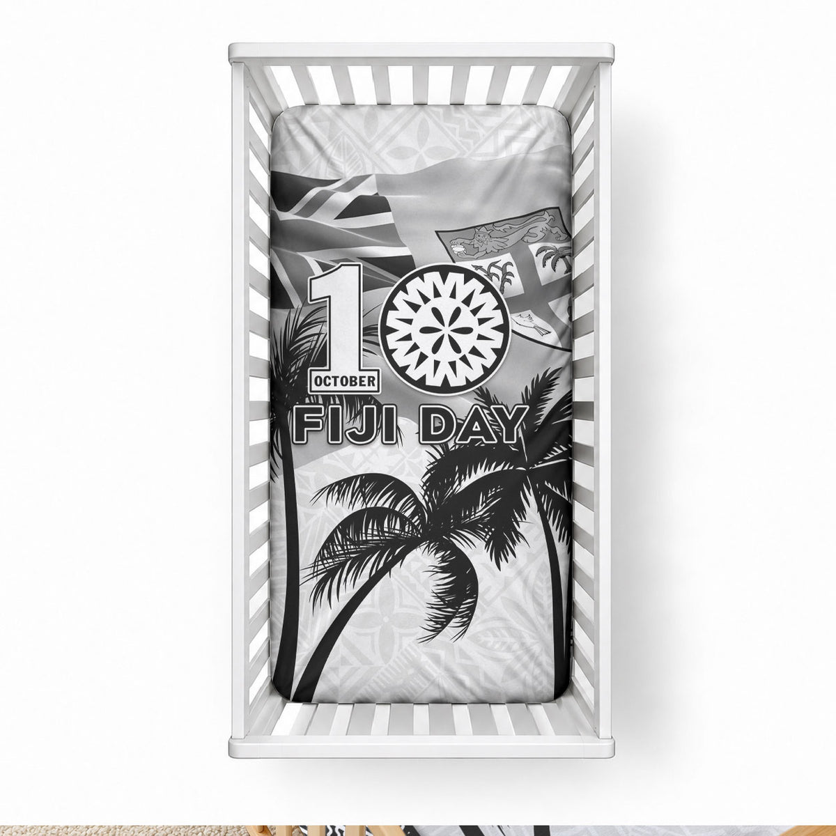 Fiji Day 2026 Baby Bed Cover Masi Tapa Pattern With Palm Tree White Version LT05 28 × 52 in White - Polynesian Pride