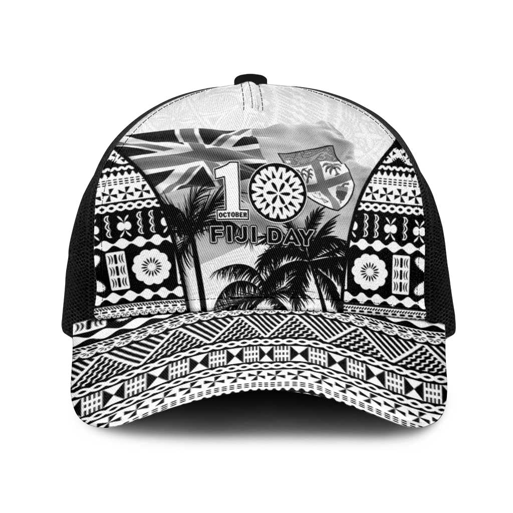 Fiji Day 2026 Baseball Net Cap Masi Tapa Pattern With Palm Tree White Version