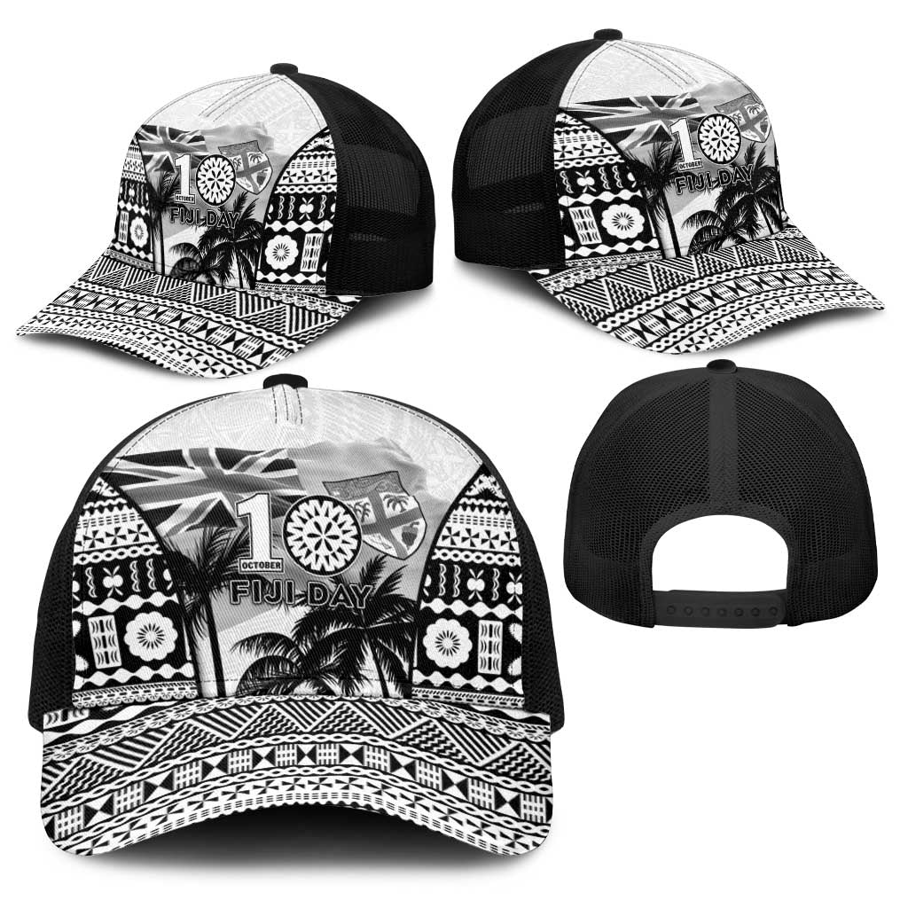 Fiji Day 2026 Baseball Net Cap Masi Tapa Pattern With Palm Tree White Version