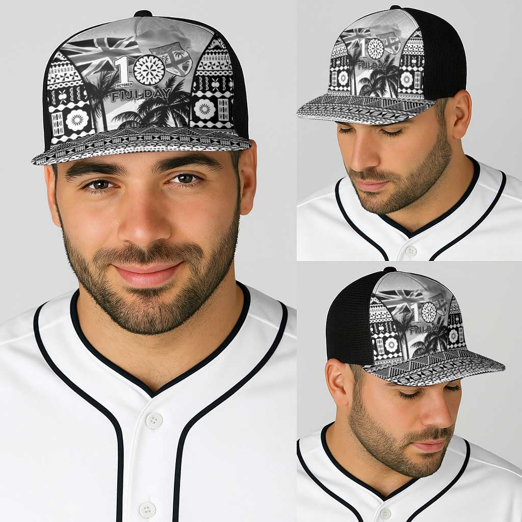 Fiji Day 2026 Baseball Net Cap Masi Tapa Pattern With Palm Tree White Version