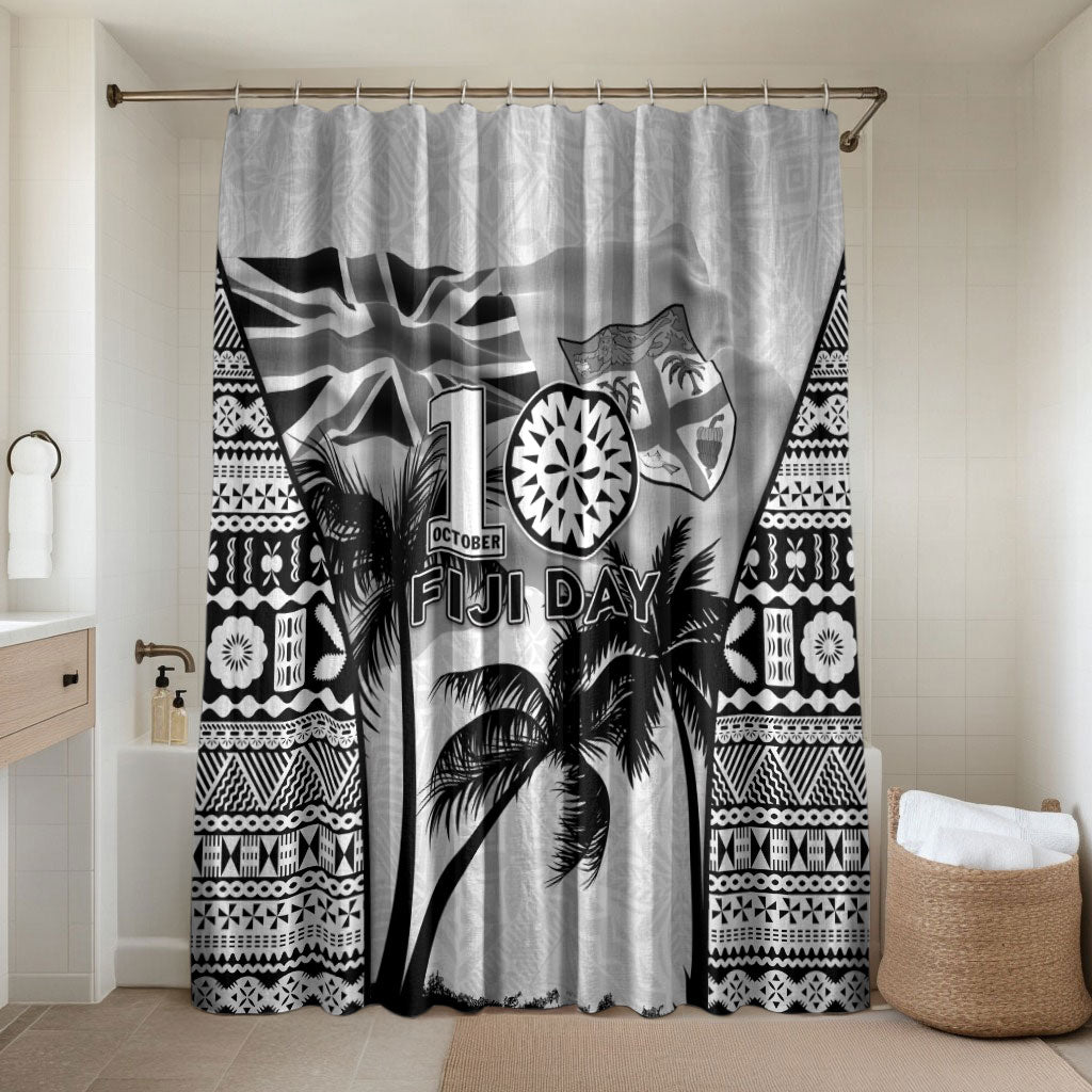 Fiji Day 2026 Bathroom Set Masi Tapa Pattern With Palm Tree White Version LT05 Shower Curtain Only White - Polynesian Pride