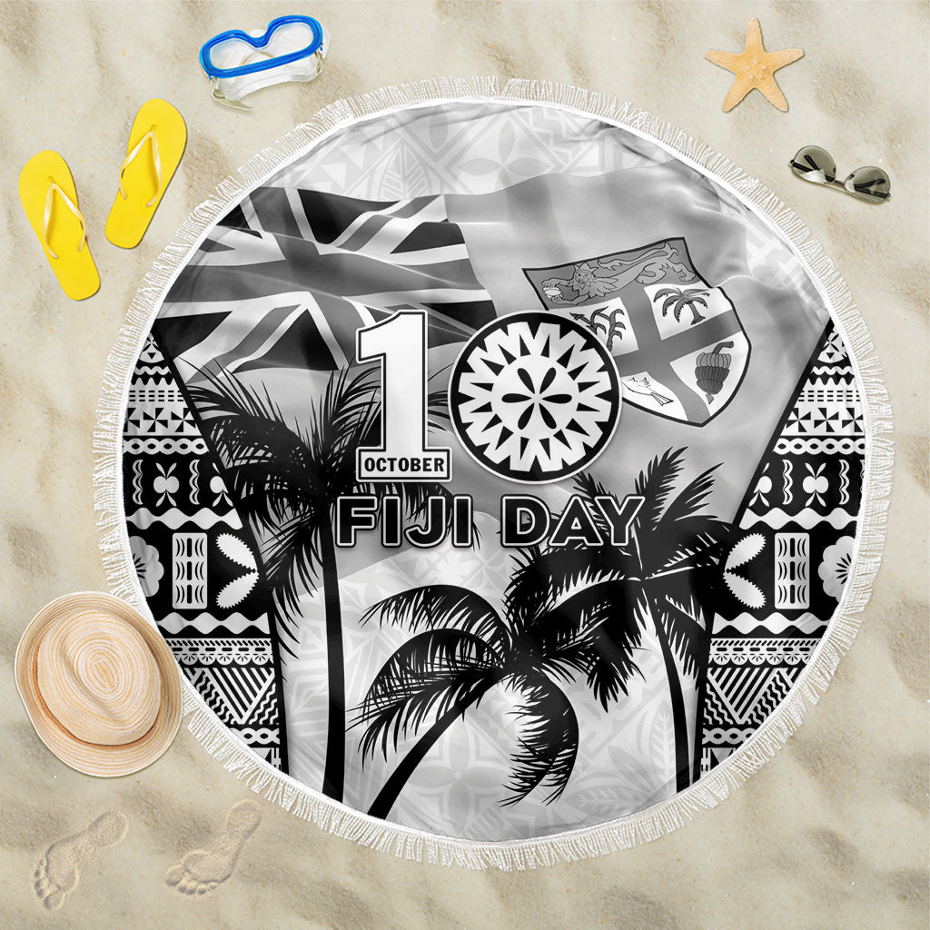 Fiji Day 2026 Beach Blanket Masi Tapa Pattern With Palm Tree White Version LT05 One Size 150cm White - Polynesian Pride