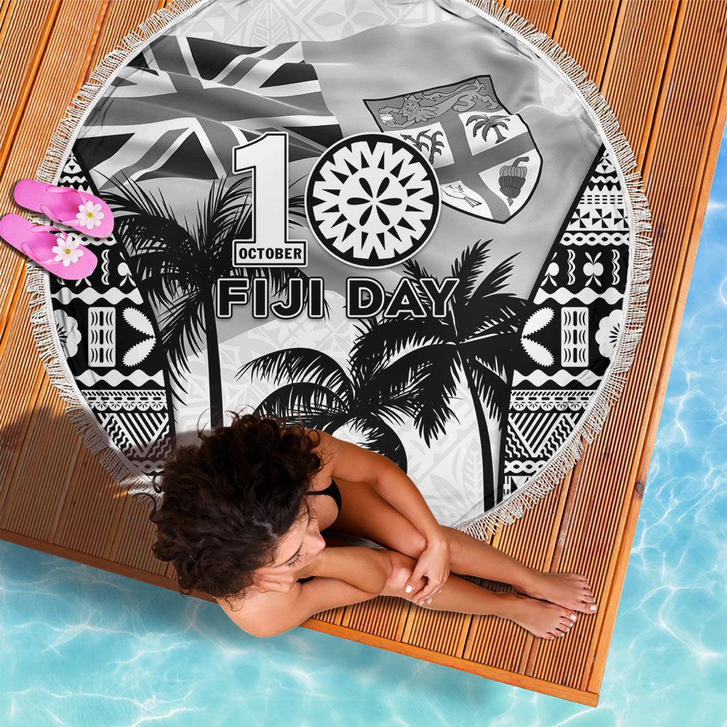 Fiji Day 2026 Beach Blanket Masi Tapa Pattern With Palm Tree White Version