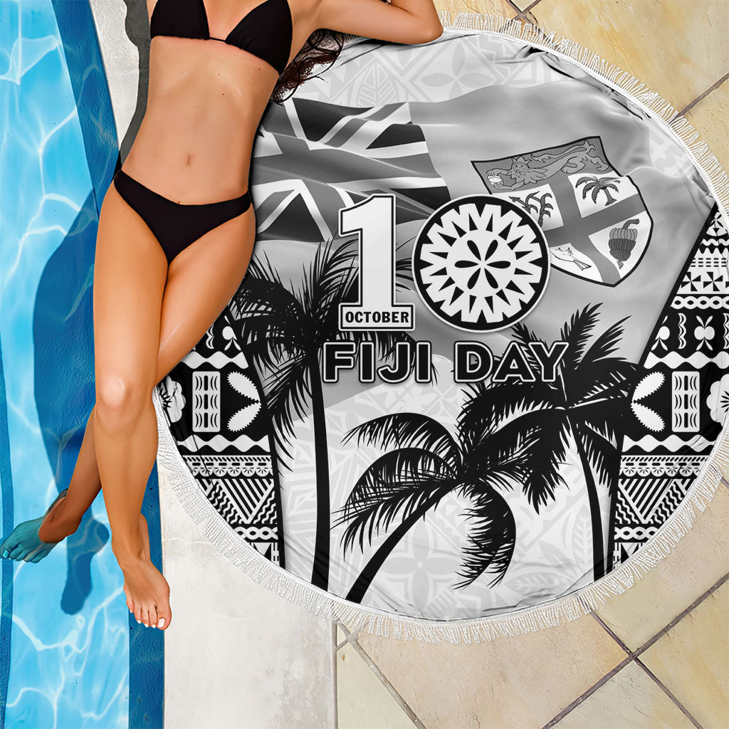 Fiji Day 2026 Beach Blanket Masi Tapa Pattern With Palm Tree White Version