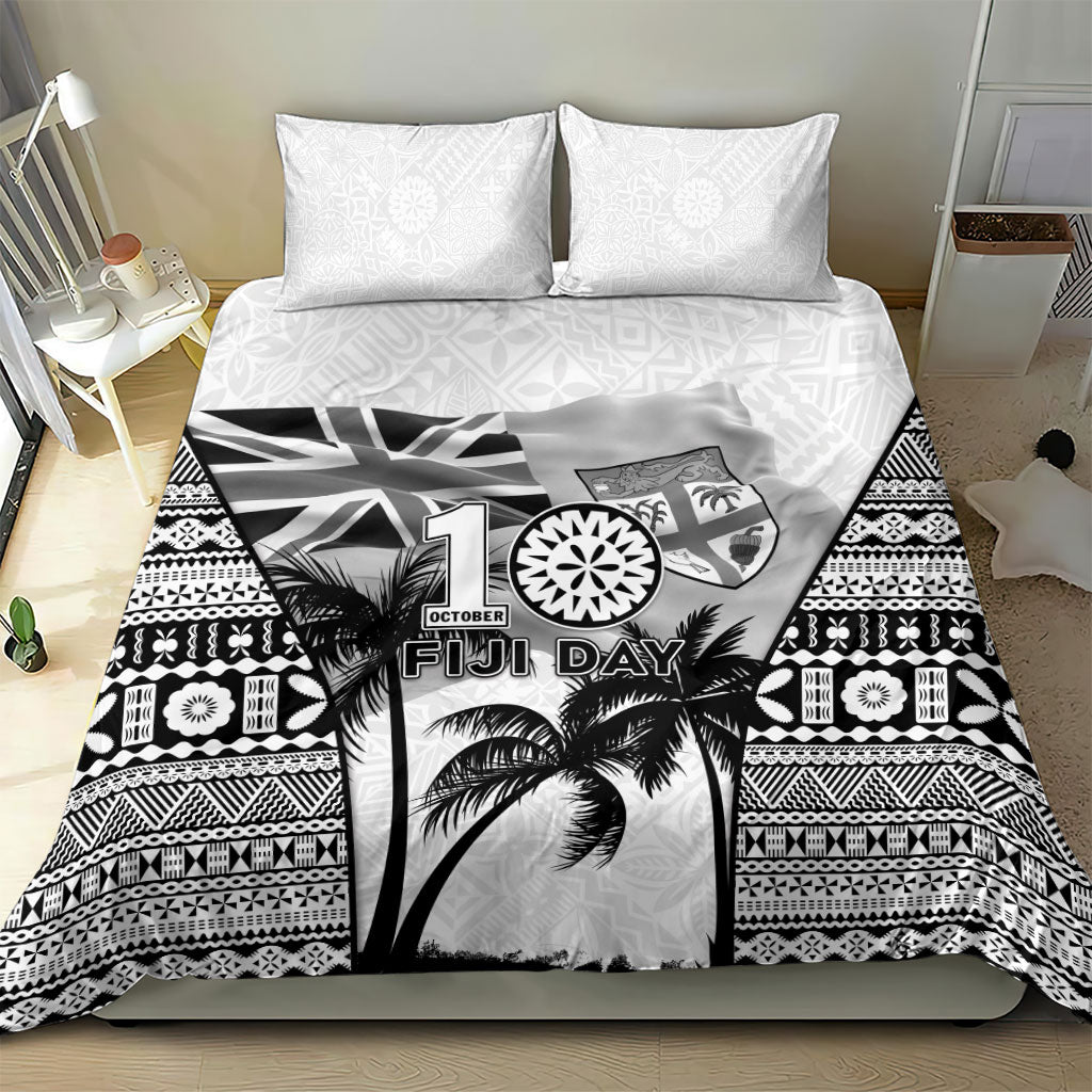 Fiji Day 2026 Bedding Set Masi Tapa Pattern With Palm Tree White Version LT05 - Polynesian Pride