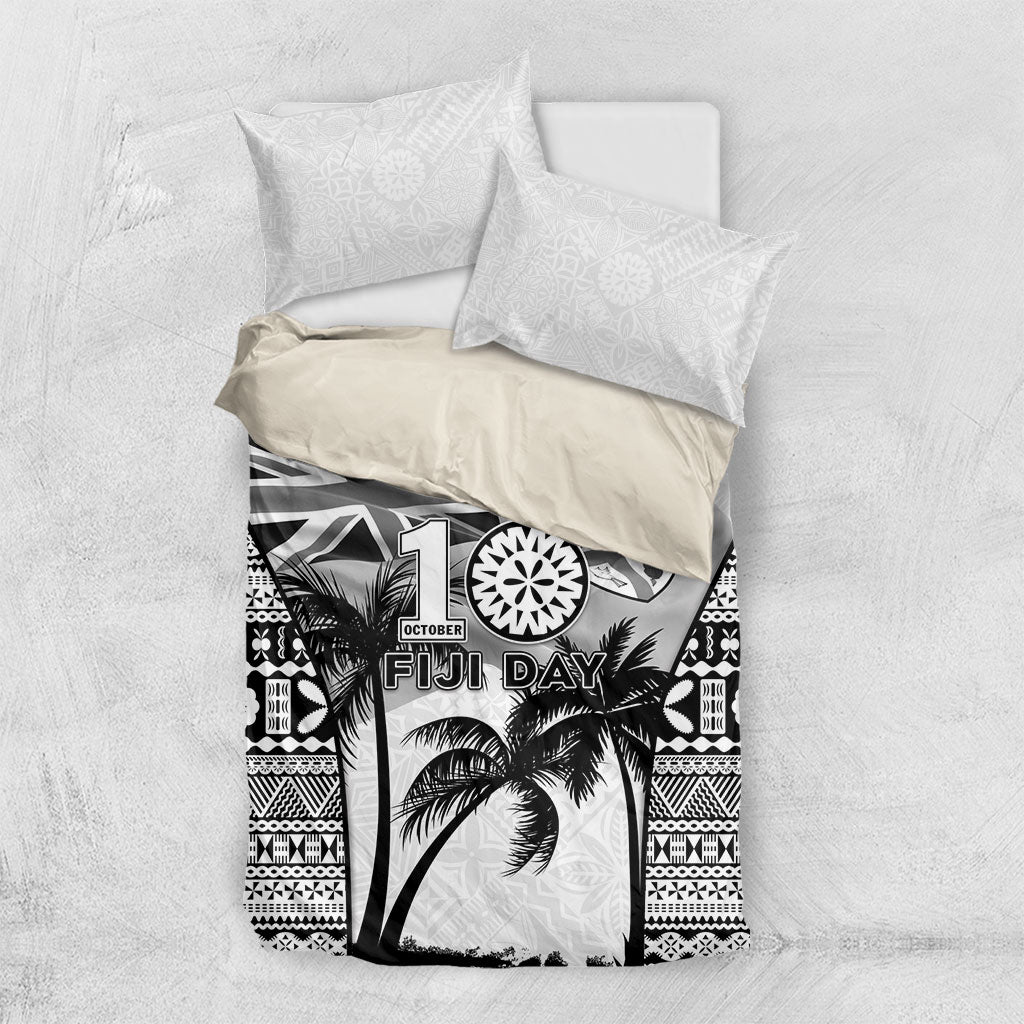 Fiji Day 2026 Bedding Set Masi Tapa Pattern With Palm Tree White Version LT05 US Twin 172cm x 218cm White - Polynesian Pride