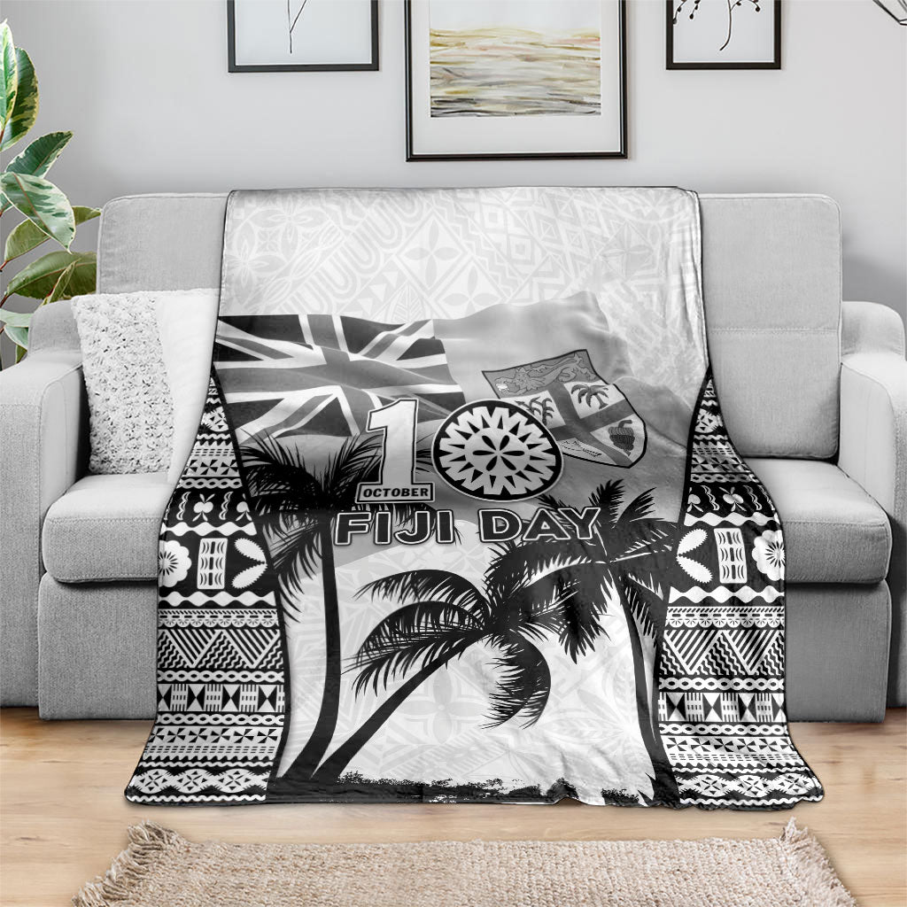 Fiji Day 2026 Blanket Masi Tapa Pattern With Palm Tree White Version LT05 - Polynesian Pride