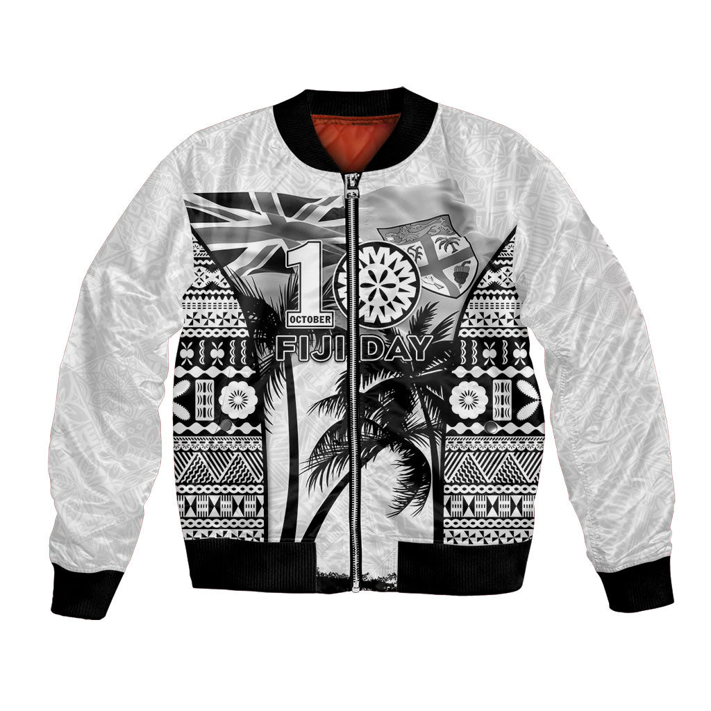 Personalised Fiji Day 2026 Bomber Jacket Masi Tapa Pattern With Palm Tree White Version LT05 Unisex White - Polynesian Pride