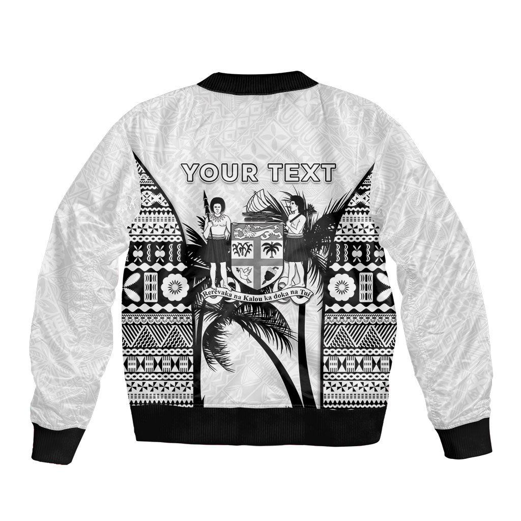 Personalised Fiji Day 2026 Bomber Jacket Masi Tapa Pattern With Palm Tree White Version LT05 - Polynesian Pride