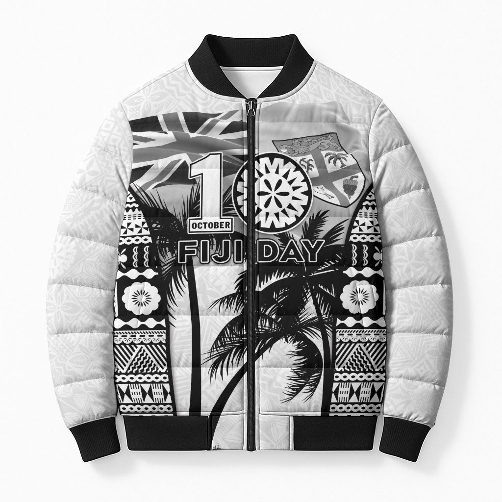 Personalised Fiji Day 2026 Bomber Puffer Jacket Masi Tapa Pattern With Palm Tree White Version