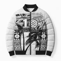 Personalised Fiji Day 2026 Bomber Puffer Jacket Masi Tapa Pattern With Palm Tree White Version