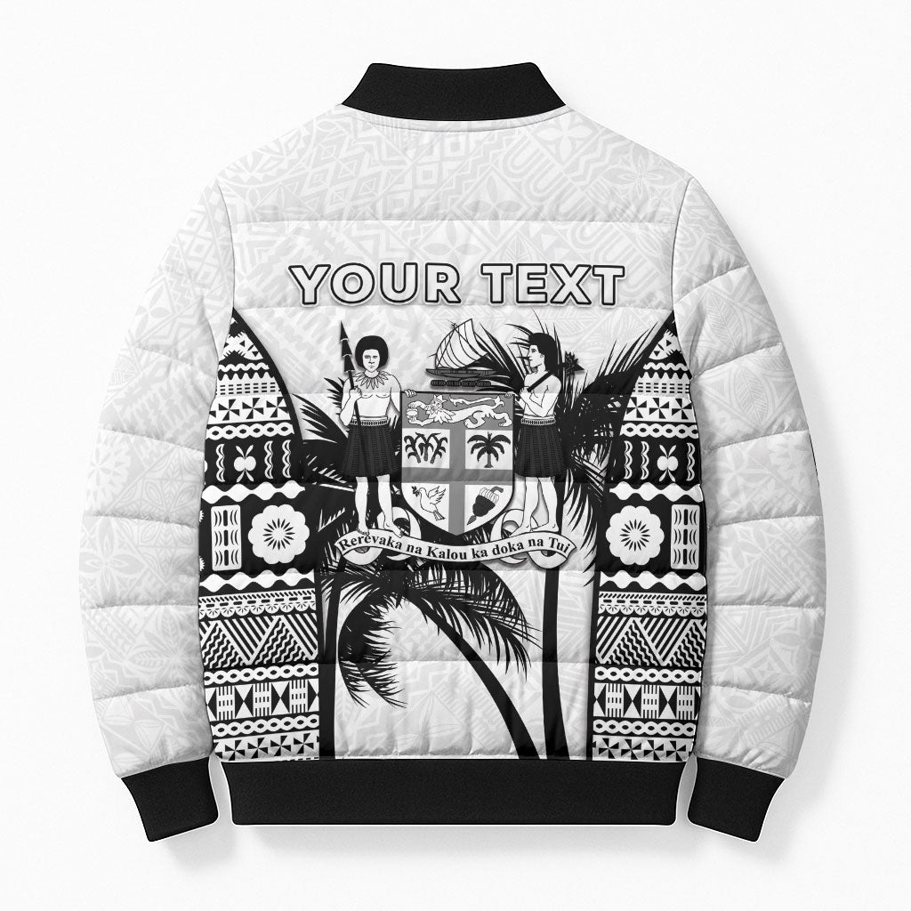 Personalised Fiji Day 2026 Bomber Puffer Jacket Masi Tapa Pattern With Palm Tree White Version