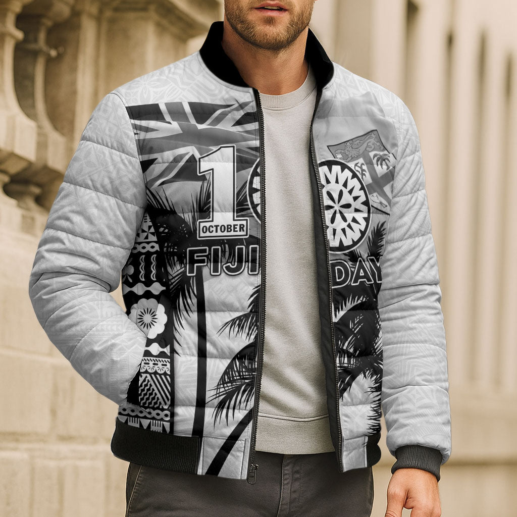 Personalised Fiji Day 2026 Bomber Puffer Jacket Masi Tapa Pattern With Palm Tree White Version