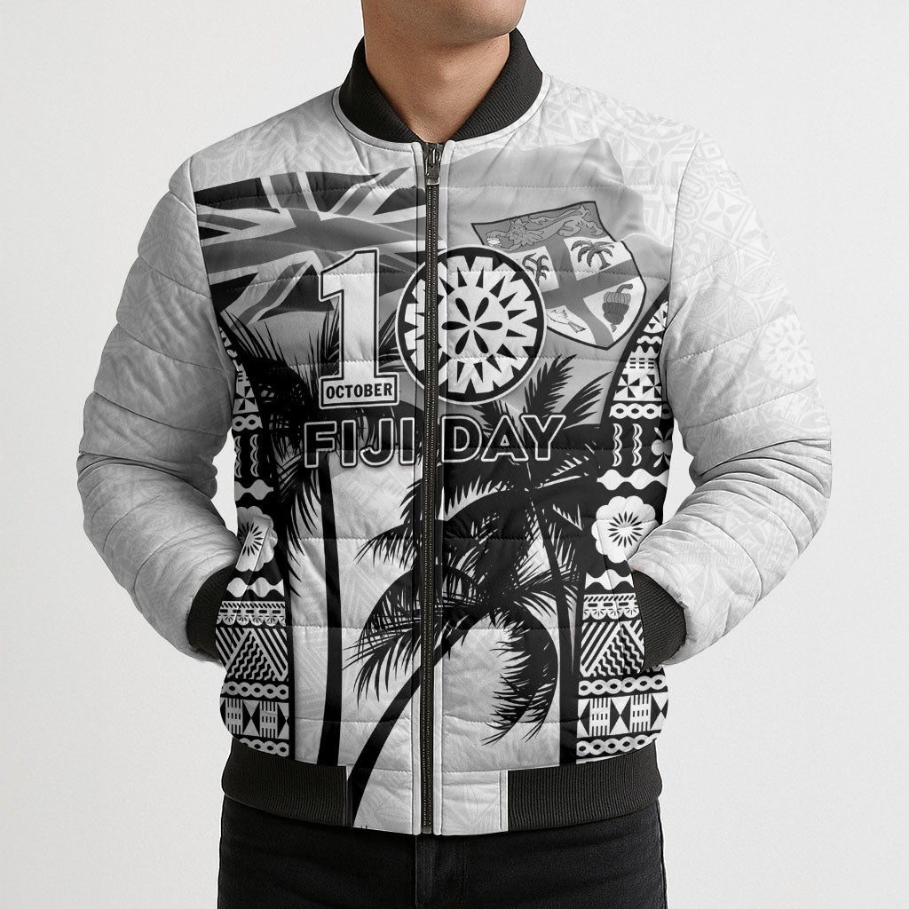Personalised Fiji Day 2026 Bomber Puffer Jacket Masi Tapa Pattern With Palm Tree White Version
