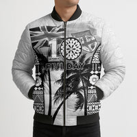 Personalised Fiji Day 2026 Bomber Puffer Jacket Masi Tapa Pattern With Palm Tree White Version