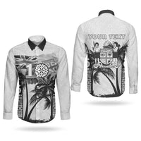 Personalised Fiji Day 2026 Couples Matching Puletasi and Long Sleeve Button Shirt Masi Tapa Pattern With Palm Tree White Version LT05 - Polynesian Pride